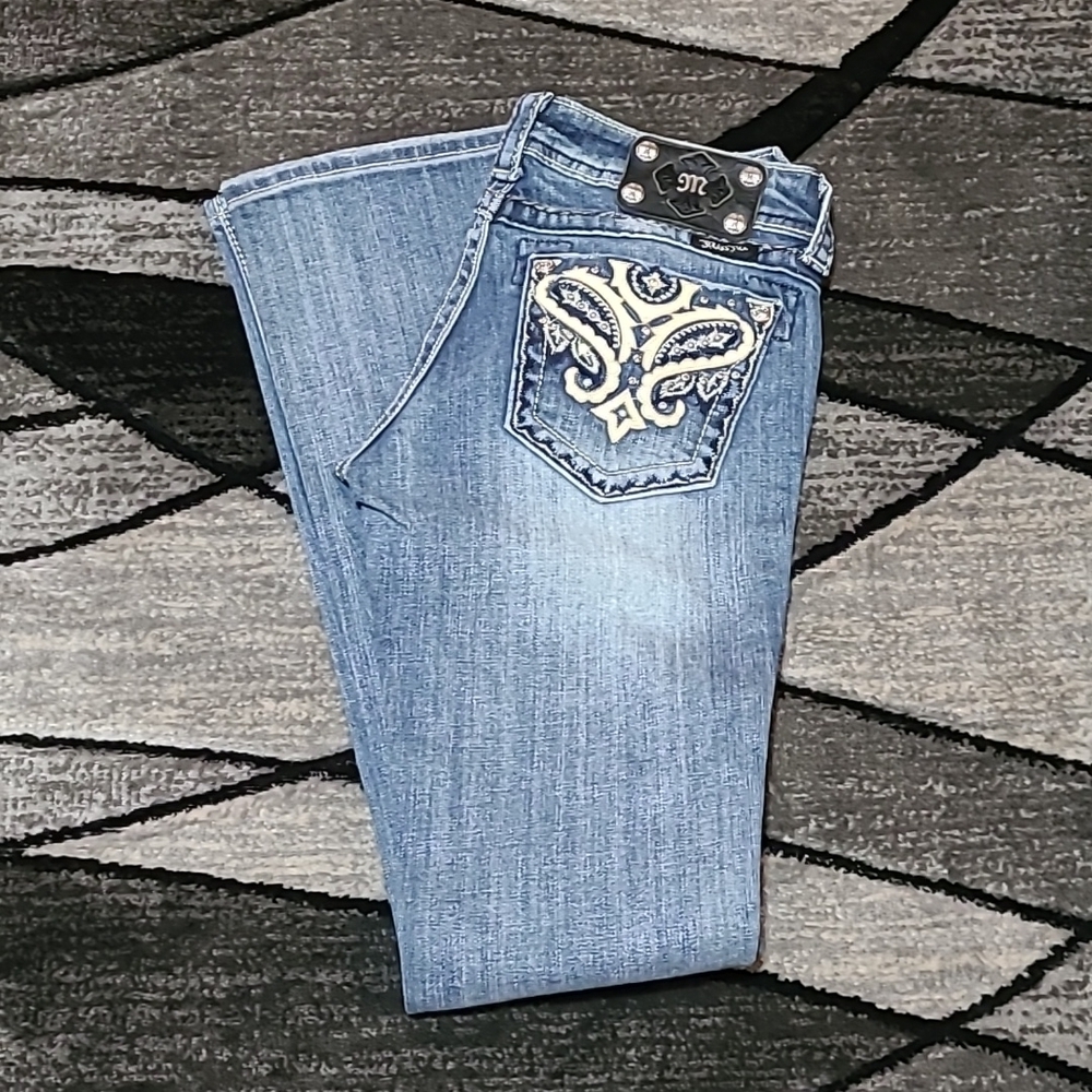 MISS ME BUTTERFLY FAUX LEATHER RHINESTONES STUDDED BOOTCUT DENIM JEAN
